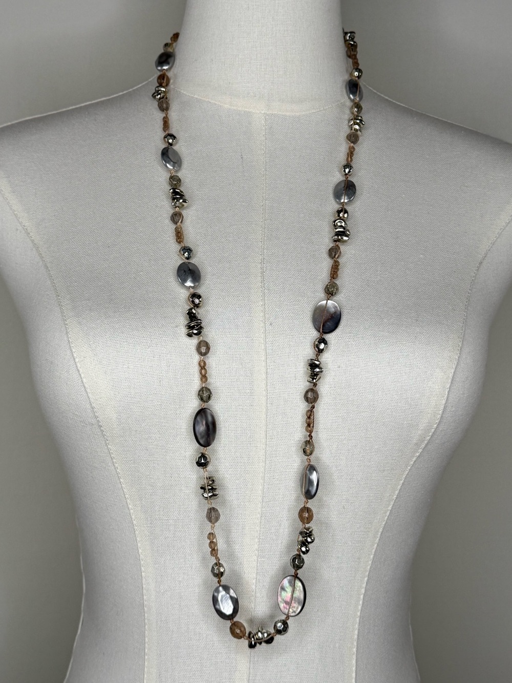Cookie Lee Silver and Taupe Long Mixed-Bead Necklace Vintage Y2K-Era Boho